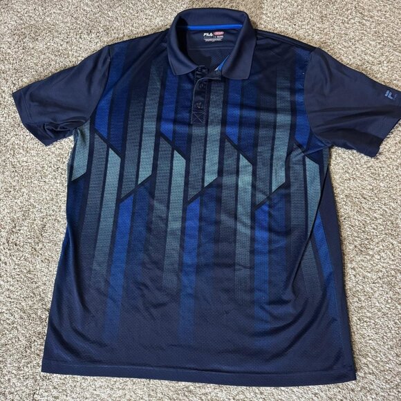 Fila Sport Golf Polo Shirt Mens Large Navy Blue Short Sleeve Performance Print - Picture 1 of 7